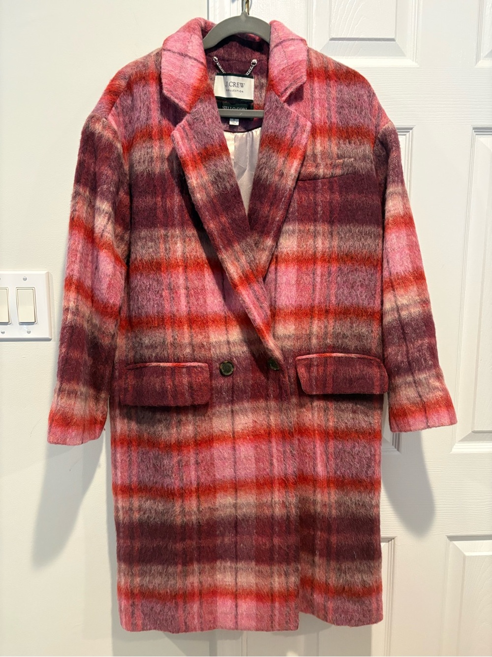 J. Crew Pink & Burgundy Plaid Wool Blend Pea Coat